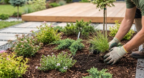 Gros plan photographique sur un massif de plantation fraîchement mis en terre, montrant des jeunes plantes ornementales variées (graminées, arbustes fleuris, petits arbres) plantées en ligne dans un sol enrichi et paillé avec soin. Au premier plan, détail des mains d'un jardinier planteur guidant l'insertion d'une plante dans le sol meuble. Arrière-plan flou montrant un jardin contemporain en cours d'aménagement, terrasse en cours de finalisation. Lumière naturelle douce, atmosphère professionnelle et soignée.